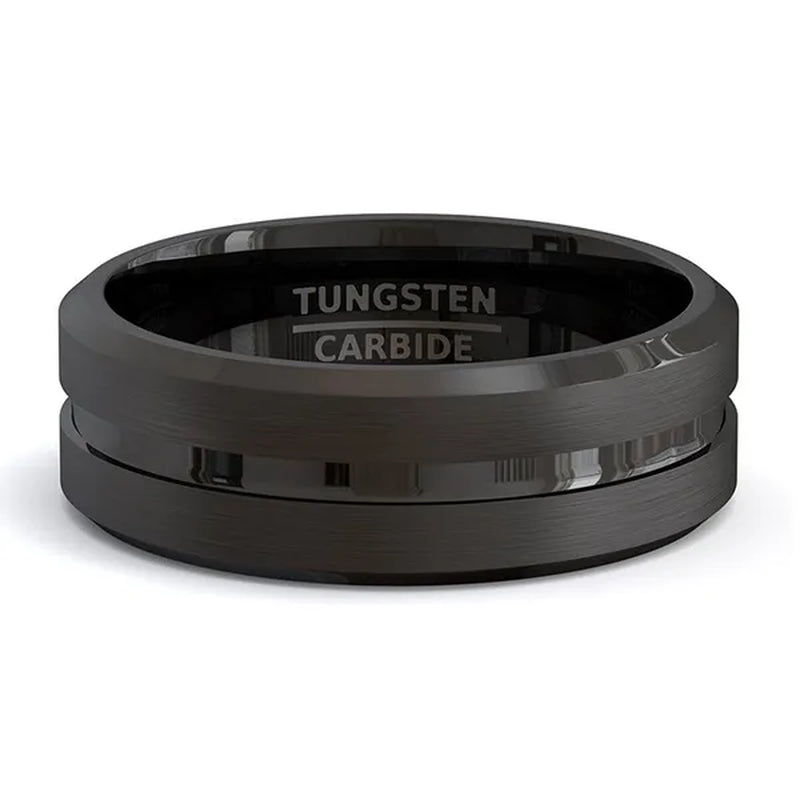 Fashion 8mm Black Tungsten Carbide Ring Gold Groove Matte Brushed Surface Beveled Edge Mens Wedding Band Comfort Fit