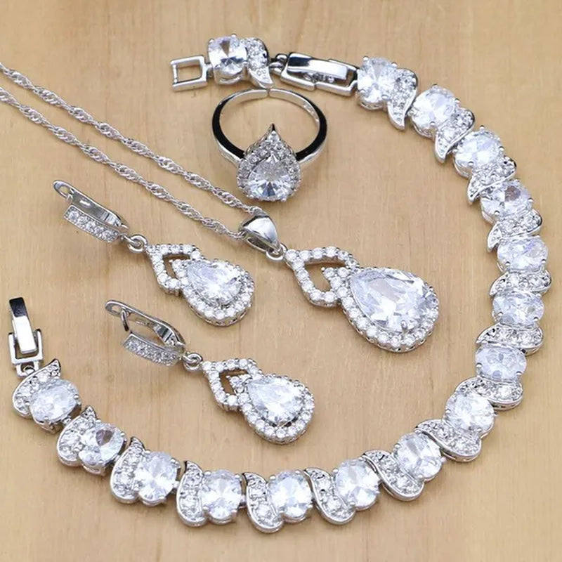 925 Silver Jewelry Sets Blue Sapphire White Topaz Open Rings Earrings Pendant Necklace Bracelet For Bridal  Women