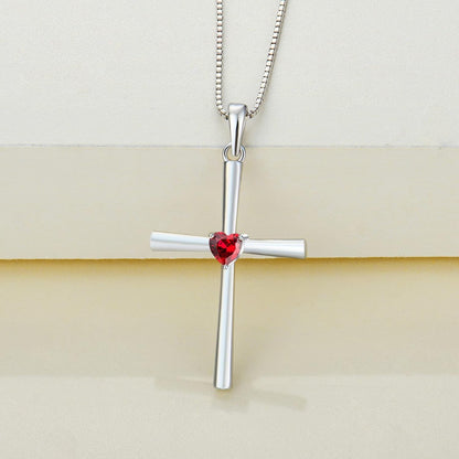 Women'S Cross Necklace 925 Sterling Silver Crucifix Pendant Heart Cut Birthstone Criss Jewelry