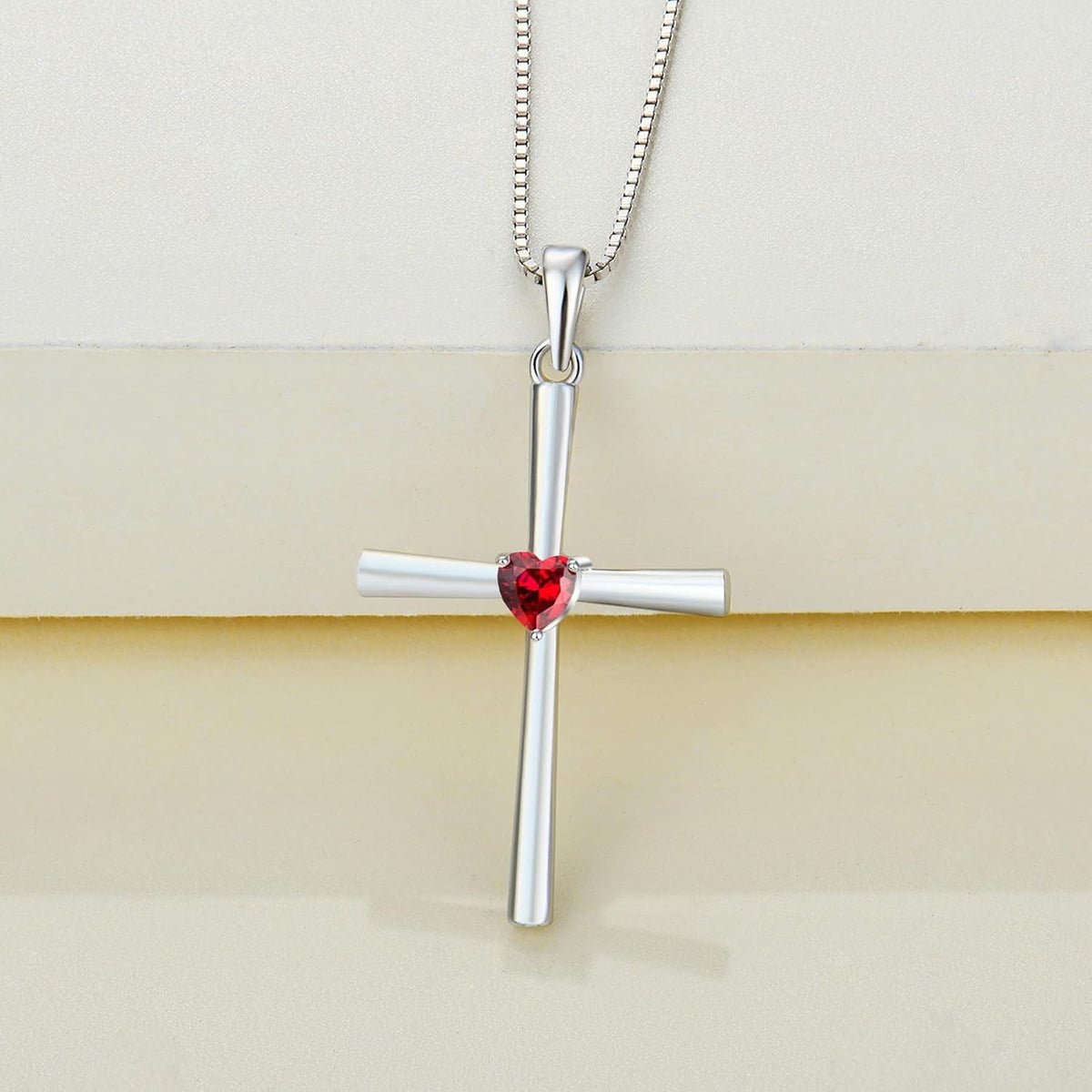 Women'S Cross Necklace 925 Sterling Silver Crucifix Pendant Heart Cut Birthstone Criss Jewelry