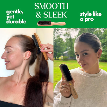 Boar Bristle Slick Back Hair Brush - Soft/Medium Smoothing Hairbrush to Style, Polish, & Lay Hair down Flat to Create a Sleek Frizz Free Hairstyle for Women and Men - Wooden Handle