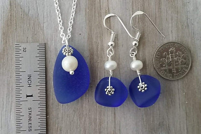 September Birthstone, Cobalt Blue Sea Glass Necklace+Earrings Set, Natural Pearl, Sea Glass Earrings, (Hawaii Gift Wrapped, Customizable Gift Message)