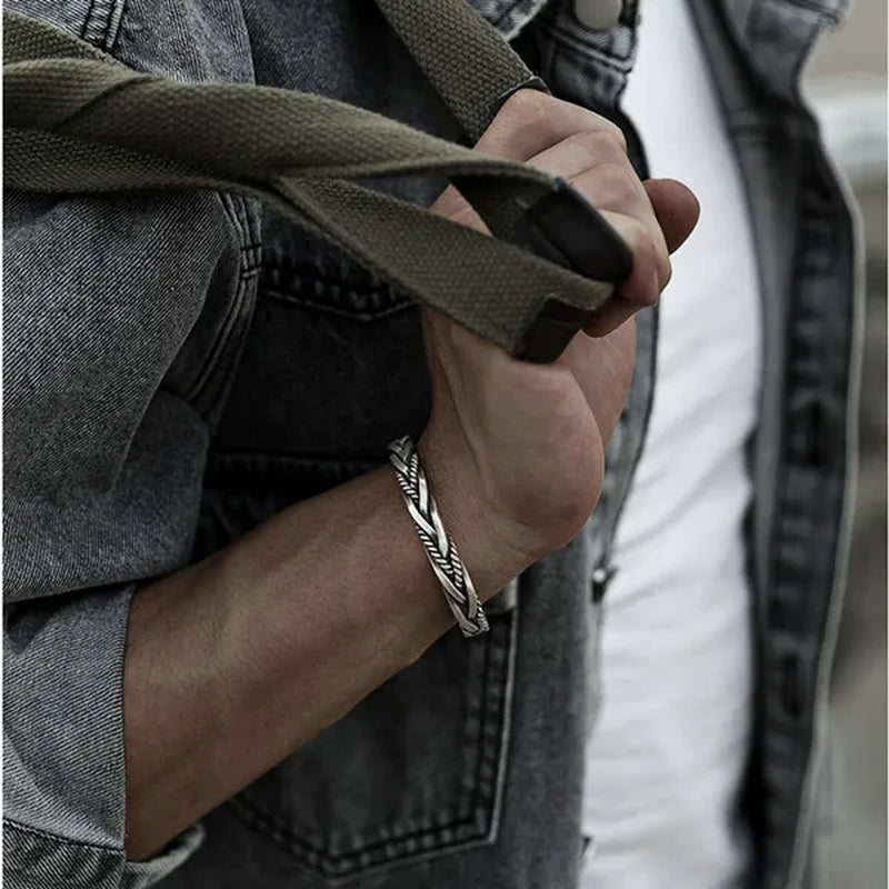 925 Sterling Silver Vintage Weave Style Opening Men Bracelet Fashion Silver Distressed Geometric Bracelets Jewelry Gift
