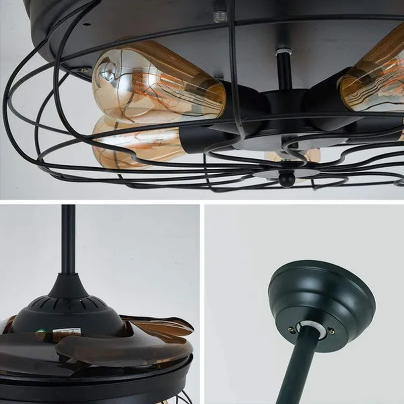36 Inch Ceiling Fan with Light Industrial Ceiling Fan Retractable Blades Vintage Cage Chandelier Fan with Remote Control