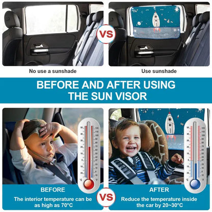 Car Sun Shade Cover Cartoon Side Window Curtain Sunshade Visor Heat Shield UV Protector For Kid Baby Children W/ Storage Net