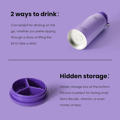 16 Oz Sports Water Bottle Stainless Steel Insulated Kids Water Bottle with Straw and Pills Holder for Gifts and School (Purple)