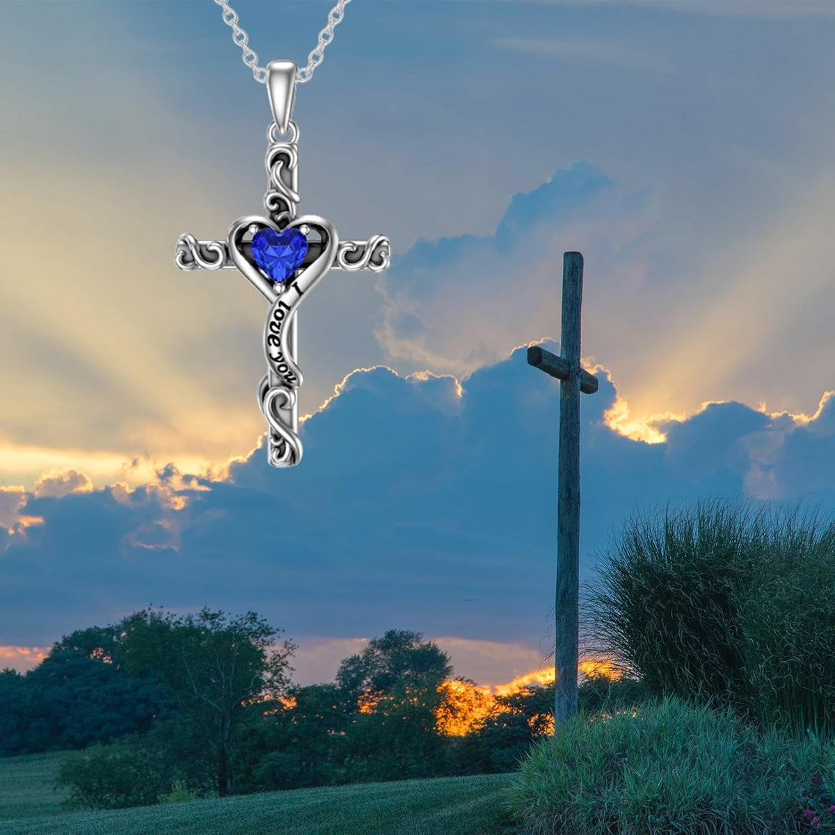 Birthstone Cross Necklace for Women 925 Sterling Silver Heart Cross Pendant Necklace I Love You Jewelry Anniversary Birthday Gifts for Her Mom
