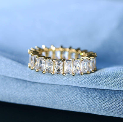 18K Gold Plated Ring Cubic Zirconia Emerald Cut Eternity Rings Gold Wedding Band