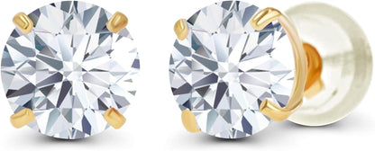 Solid 14K Yellow, White or Rose Gold 4Mm round Genuine Gemstone Birthstone Prong Set Stud Earrings for Women