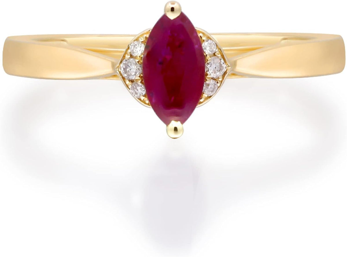 14K Yellow Gold Mozambique Genuine Ruby Ring with Diamonds for Women | Ethically, Authentically & Organically Sourced (Marquise-Cut) Shaped Ruby Hand-Crafted Jewelry for Her | Ruby Ring for Women