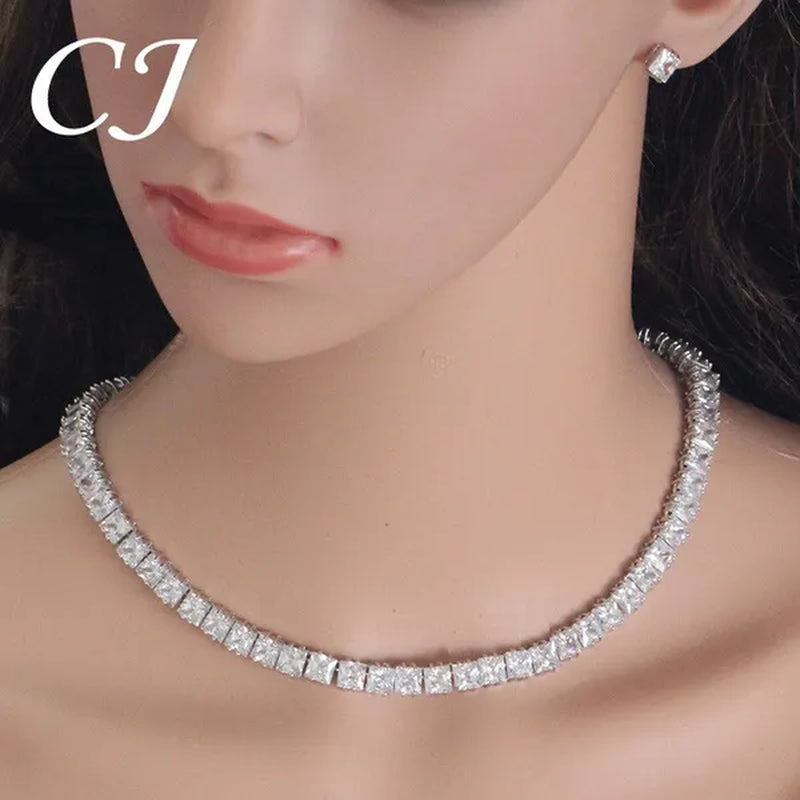 CANDICE Platinum Plating Elegant Party Jewelry Set Pave Glittering Princess Cut Pure Zirconia Choker Necklace Earrings and Bracelet for Women Wedding Gift