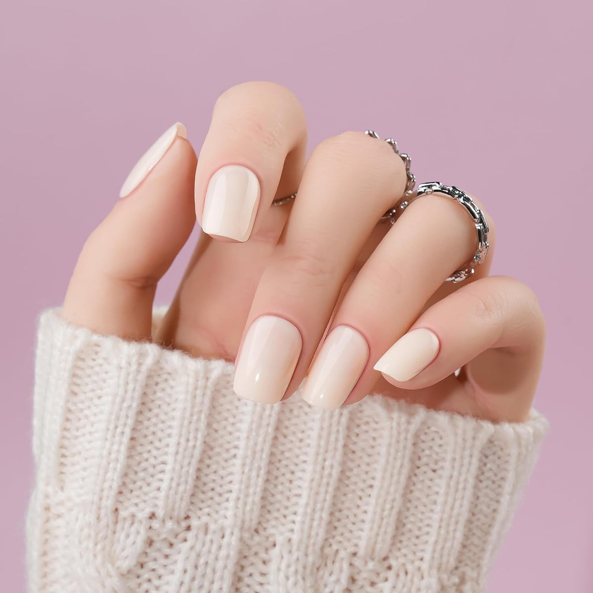 White Press on Nails Short,  Square Solid Color Fake Nails with Glue, Reusable & Natural Acrylic False Nails Stick on Nails for Women Girls Gift, Gel Nail Kit, 24pcs