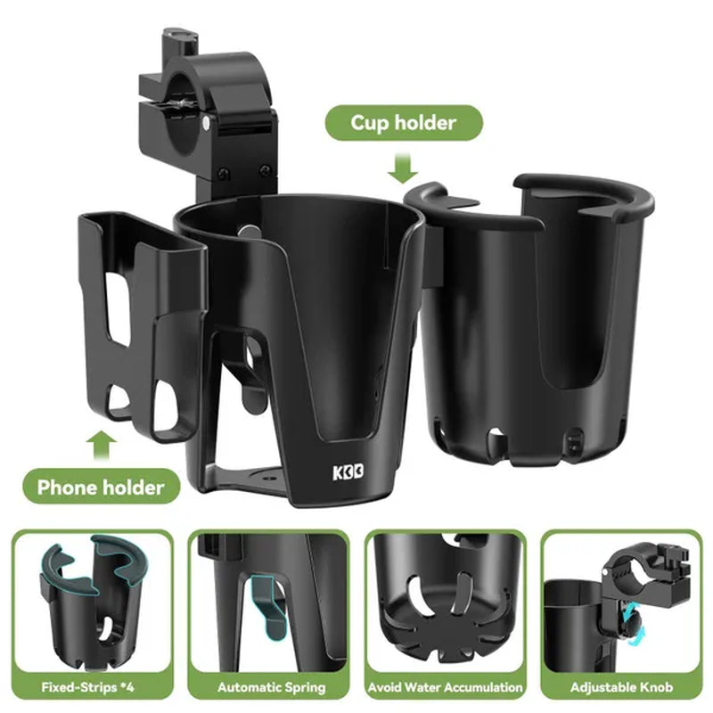 Stroller Cup Holder with Phone Holder, 3-in-1 Removable Bottle Holder, 360 Degrees Rotation Drink Holder for Wheelchair, Stroller, Bike, Walker, Scooter, Bicycle, Uppababy, Nuna, Bugaboo, Doona