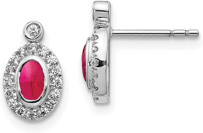 14K Solid White Gold Diamond Cabochon Red Ruby Stud Earrings Gemstone Post Push Back July Birthstone Jewelry
