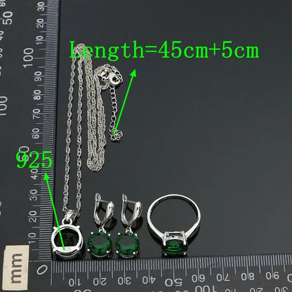925 Sterling Silver Jewelry Sets Green Emerald Earrings Ring Pendant Neckalce Round Jewelry Women Accessories