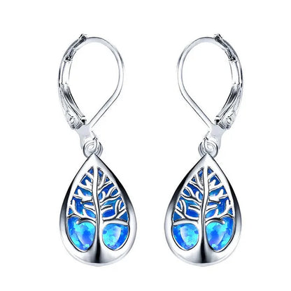 Luxurious Fashion 925 Sterling Silver Filled Life Tree Drop Earrings for Women Water Drop Stone Blue Fire Opal Birthstone Earrings