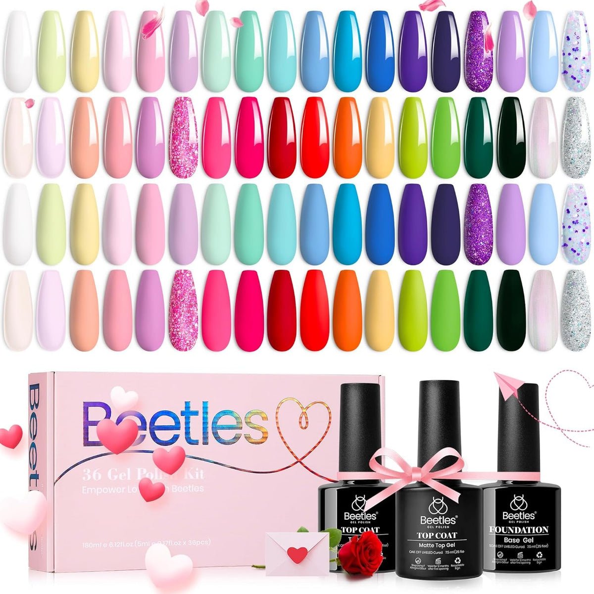 Beetles 23Pcs Gel Nail Polish Kit with Glossy Matte Top Coat and Base Coat Girls Night Collection White Nude Gray Glitters Gel Nail Polish Set U V Soak Off Holiday Manicure for Women Girls