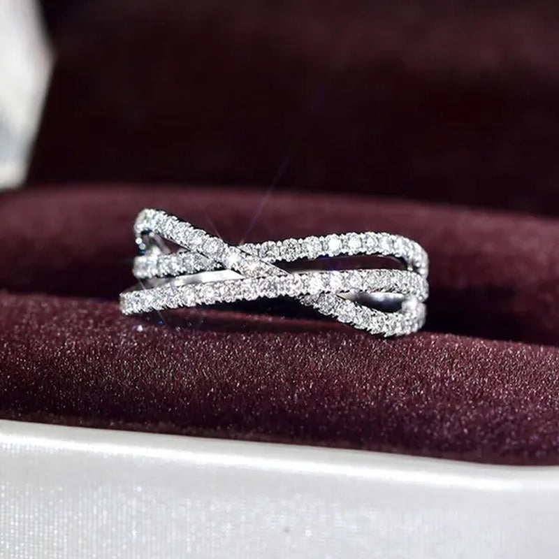 Simple Cross Twist Design Wedding Rings for Woman Full Paved CZ Stone Exquisite Female Finger-ring Statement Jewelry Anniversary Gift