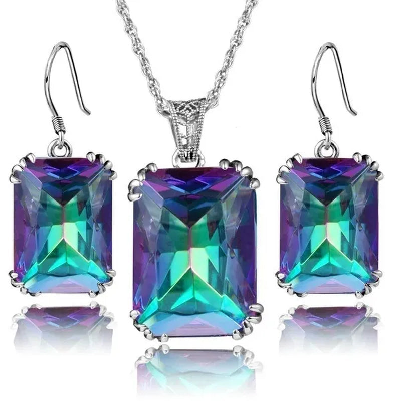 3Pcs/Set Women Colorful / Red /Blue/ Green Gemstone 925 Silver Plated Earrings Pendants Necklace Jewelry Sets Valentine Gifts (choose Color)