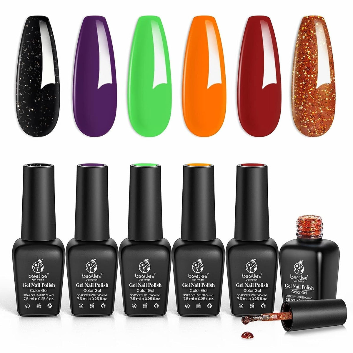 Beetles Gel Nail Polish Set, 6 Retro Colors Old School Collection Soak Off UV Gel Polish Red Yellow Blue Orange Green Gel Polish Nail Art Design Spring Manicure Kit Salon DIY Gifts for Women Girls