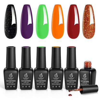 Beetles Gel Nail Polish Set, 6 Retro Colors Old School Collection Soak Off UV Gel Polish Red Yellow Blue Orange Green Gel Polish Nail Art Design Spring Manicure Kit Salon DIY Gifts for Women Girls