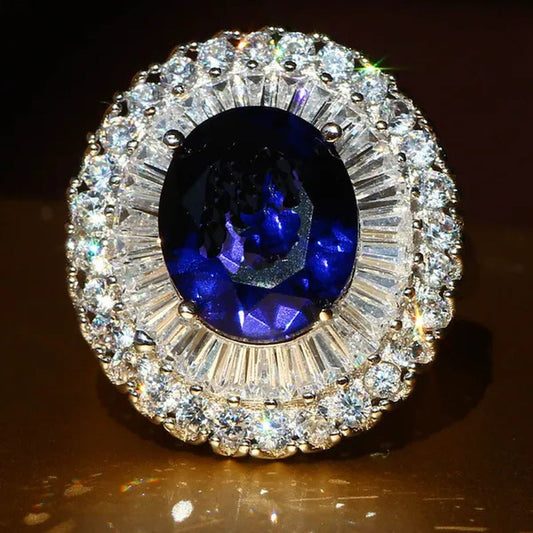 Elegant  Silver Sapphire & White Sapphire Birthstone Gemstones Engagement Wedding Anniversary Ring Size 6 7 8 9 10