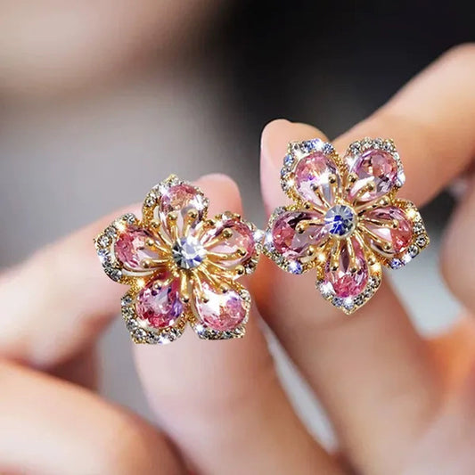 925 Sterling Silver Pink Petal Zircon Stud Earrings Flower Earrings Fashion Rose Zircon Hollow Full Diamond Earrings