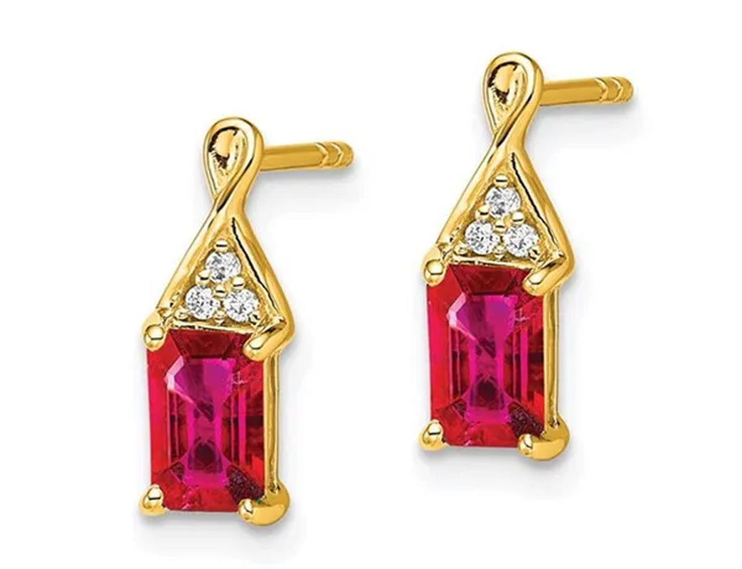 1.00 Carat (ctw) Emerald Cut Ruby Dangle Earrings in 14K Yellow Gold