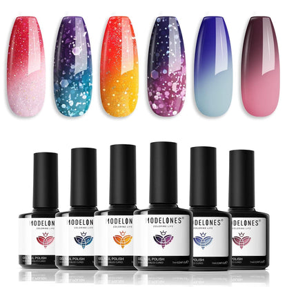 Color Changing Gel Nail Polish Set, 6 Colors Red Pink Glitter Blue Purple Mood Temperature Change Nail Polish Gel Set Soak off Nail Art Gel DIY Salon Manicure Gift
