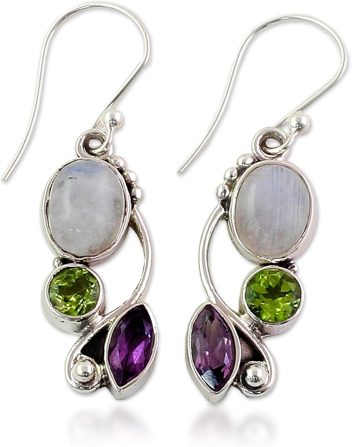 Artisan Handcrafted Multigemstone Dangle Earrings | .925 Sterling Silver Handmade Dangle Earrings | Rainbow Moonstone Clear Green Multicolor Purple Dangle Earring | Natural Glamour Themed