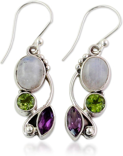 Artisan Handcrafted Multigemstone Dangle Earrings | .925 Sterling Silver Handmade Dangle Earrings | Rainbow Moonstone Clear Green Multicolor Purple Dangle Earring | Natural Glamour Themed