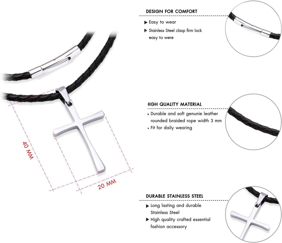 Stainless Steel Cross Braided Rope Cord Necklace for Men Women 18-24'' Inches