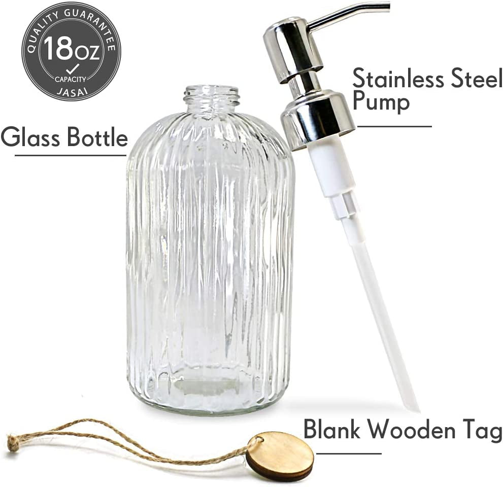 18 Oz Clear Glass Soap Dispenser with Rust Proof Stainless Steel Pump, Refillable Liquid Hand Soap Dispenser for Bathroom, Premium Kitchen Soap Dispenser (Clear).