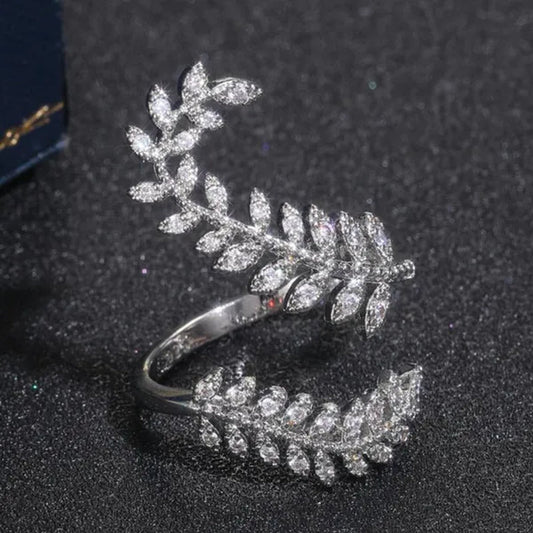 Fashion Bridal Wedding Leaf Rings for Women Jewelry 925 Sterling Silver Micro Pave Diamond Leaf Open Adjustable Rings