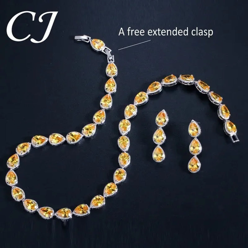 CANDICE Classic Zirconia Wedding Jewelry Sets For Bridal Luxury Teardrop CZ Stone White Gold Plated Party Chocker Necklace Earrings and Bracelet Set