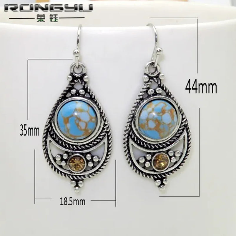 Antique 925 Sterling Silver Natural Turquoise Earrings Vintage Women Engagement Wedding Party Pendant Earrings