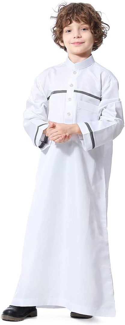 Kids Boys Muslim Thobe Long Sleeve Islamic Arabic Kaftan Robe Middle East Dubai Prayer Outfit with Pocket