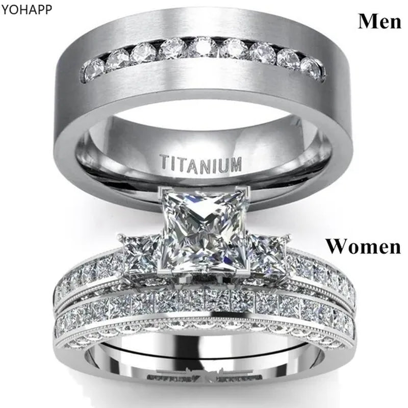 YOHAPP NEW Fashion Couple Rings Set Jewelry - Men's 8mm 316L Stainless Steel Titanium Ring and Women's Three Stone Princess Cut 1CT Diamond   Silver  Bridal Wedding Engagement Band Ring