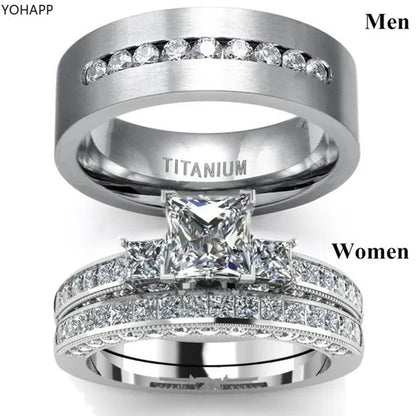 YOHAPP NEW Fashion Couple Rings Set Jewelry - Men's 8mm 316L Stainless Steel Titanium Ring and Women's Three Stone Princess Cut 1CT Diamond   Silver  Bridal Wedding Engagement Band Ring