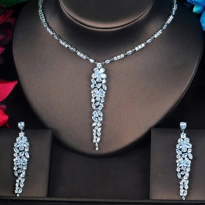 CANDICE Elegant CZ Big Bridal Jewelry Set for Women Red Cubic Zirconia Wedding Party Long Flower Drop Necklace Earrings WIth White Gold Plating