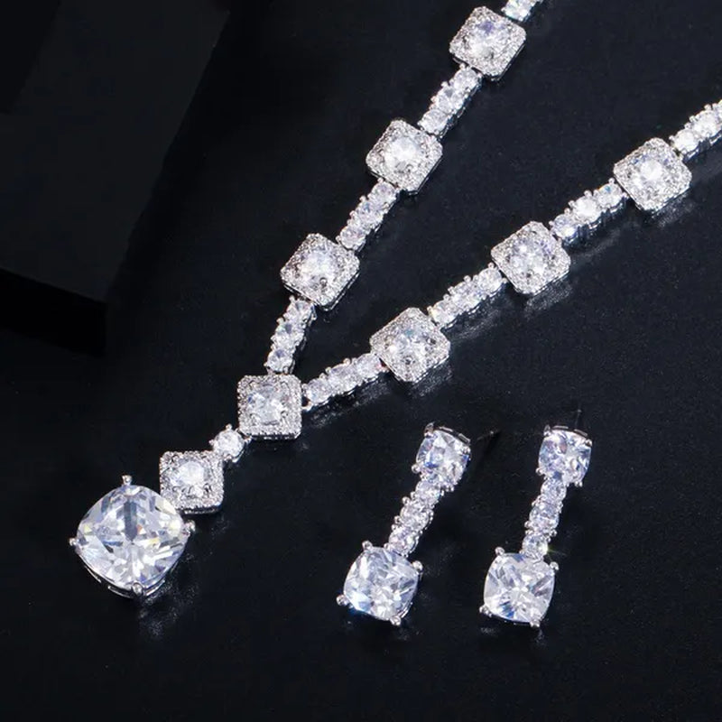 CANDICE Fashion Modern Bridal Party Jewelry White Cubic Zirconia with Exquisite Red Stone Square Drop Necklace Earrings Set for Brides