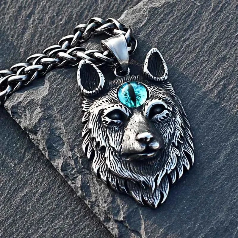 Stainless Steel Jewelry, Punk Devil Wolf, Ruby Sapphire Eye Pendant Necklace