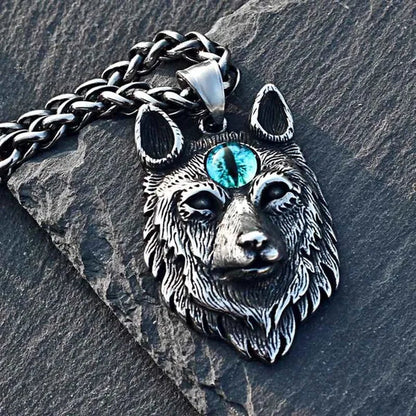 Stainless Steel Jewelry, Punk Devil Wolf, Ruby Sapphire Eye Pendant Necklace