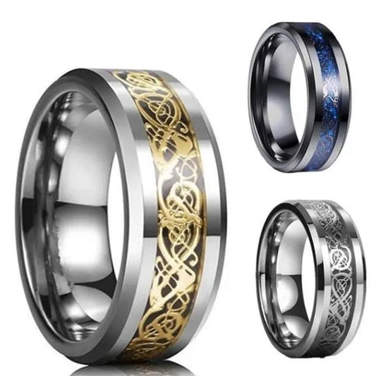 8mm Blue Black Dragon Pattern Beveled Edges Celtic Rings Tungsten Carbide Ring Jewelry Wedding Band For Men Women 6-13