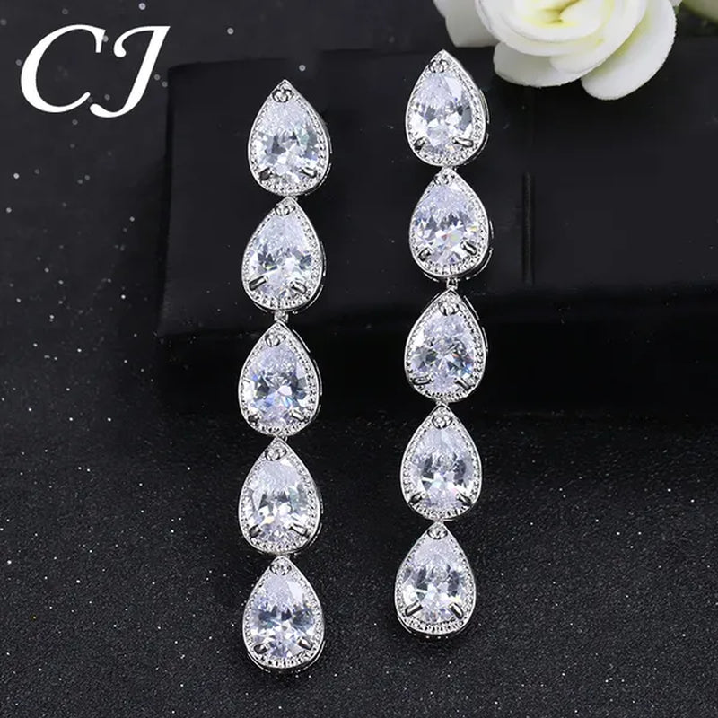 Candice High Quality Long Dangling Earrings Connect 5 Pcs Water Drop AAA CZ Zirconia White Gold Plated Luxury Wedding Ear Jewelry for Bridal Accessorise