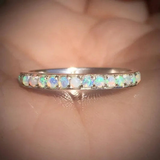 Women's Fashion Exquisite 925 Sterling Silver Natural White Opal Eternity Diamond Ring Elegant Female Birthday Party Jewelry Romantic Princess Proposal Engagement Anniversary Gift Stackable Rings for Women Bride Wedding Band Size 4-12 Bague Femme