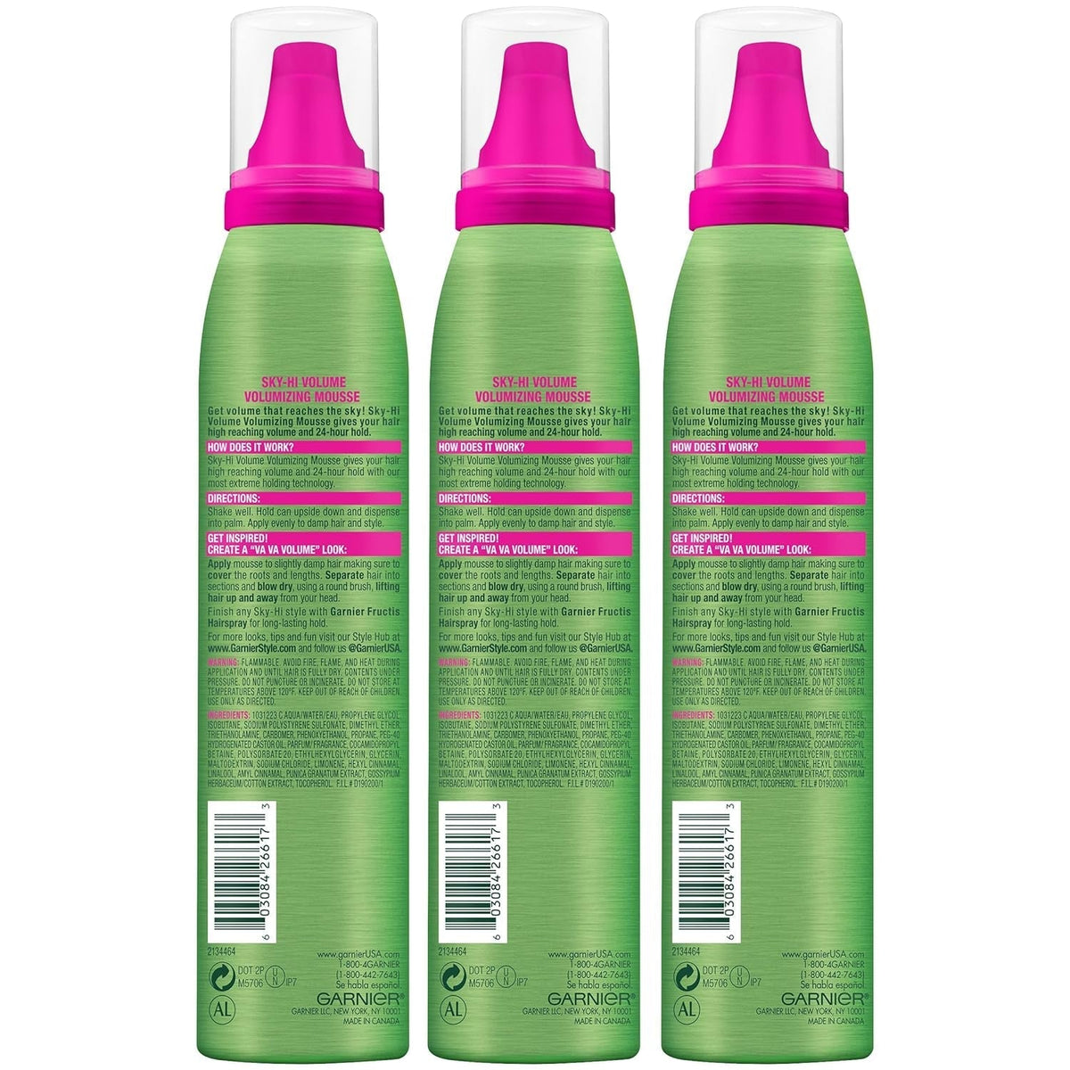 Fructis Style Sky-Hi Volume Mousse, Extreme Hold, 6.4 Oz, 3 Count (Packaging May Vary)