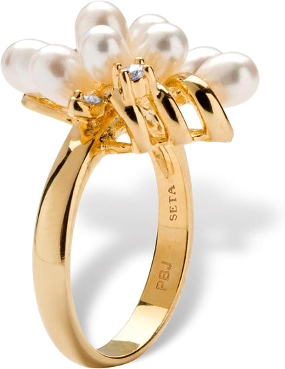 Palmbeach Yellow Gold-Plated Oval Shaped Genuine Cultured Freshwater Pearl and round Crystal Cluster Ring Sizes 6-10