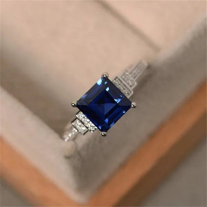 Simple 925 Sterling Silver Ring Princess Sqaure Cut Blue Sapphire Diamond Wedding Engagement Rings for Women Fine Jewelry Gift