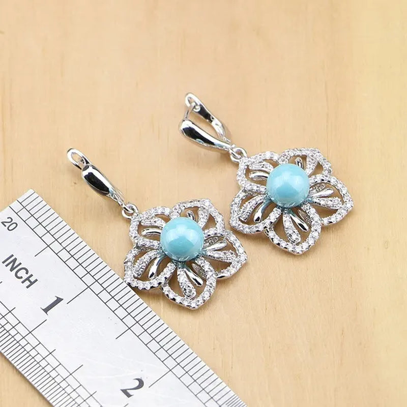 Flower 925 Silver Jewelry Set Blue Pearl With Beads Pendant Drop Earrings Rings Necklace  For Women